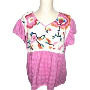 Cato Pink Floral Embroidered Peplum Top XL Blouse BOHO flutter sleeves